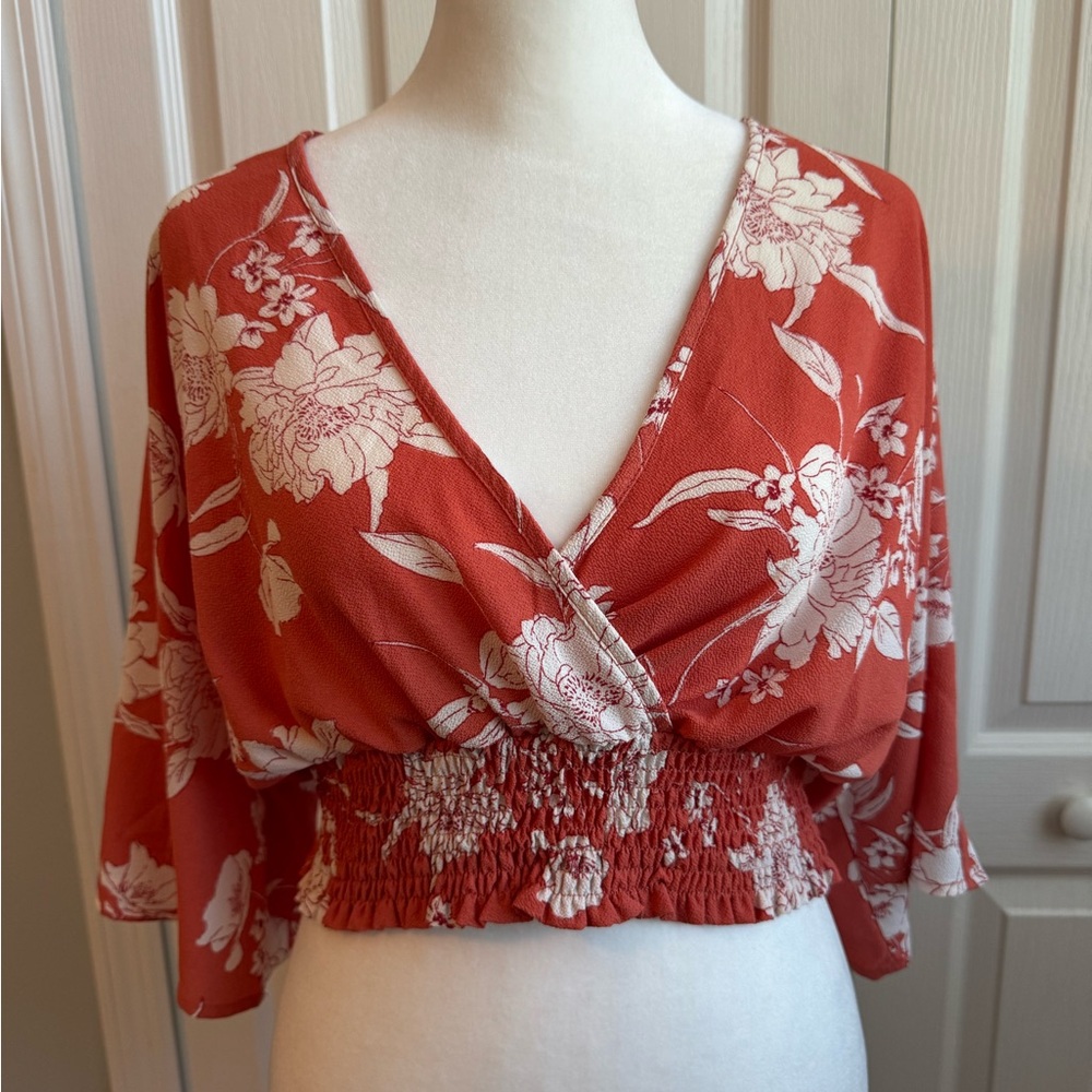 Terracotta color with white floral v neck